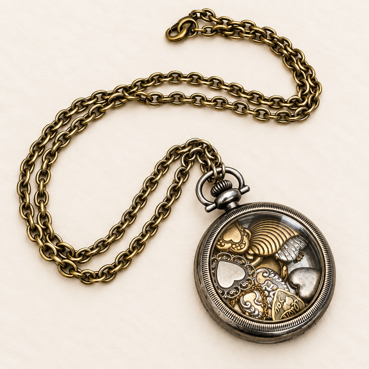 Hearts Under Glass Pocket Watch Necklace