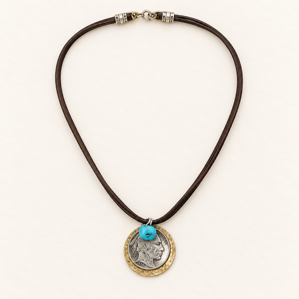Indian Head Nickel & Turquoise Deerskin Necklace