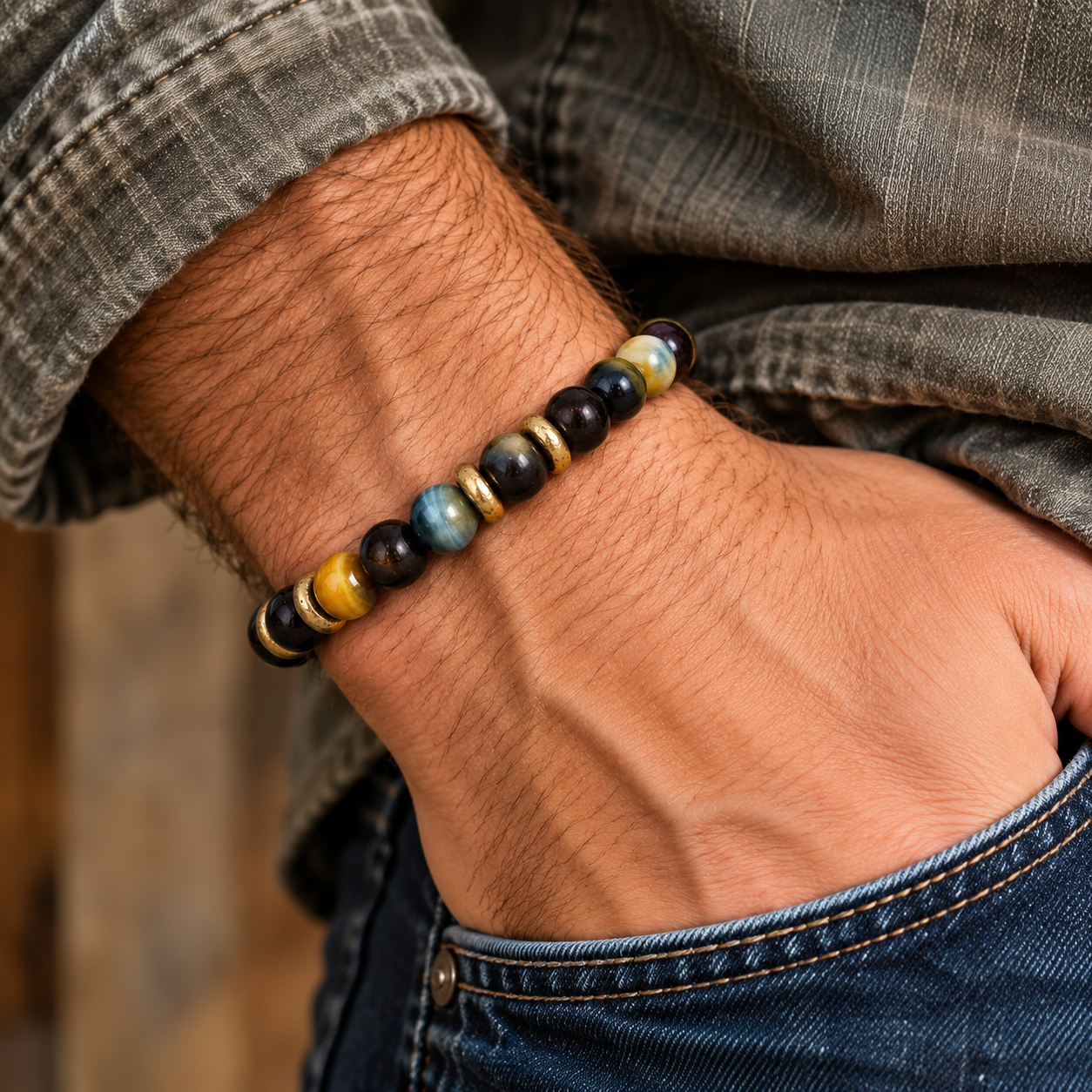 Oxbone, Tigers Eye, & African Brass Bracelet - Image 2