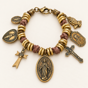 Catholic Medallion & Cross Leather Bracelet