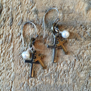 Tiny Double Cross Pearl Earrings