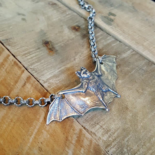 Antiqued Silver Bat on Large Silver Sheen Obsidian Teardrop Gothic Pendant  Necklace - Gothic Jewellery