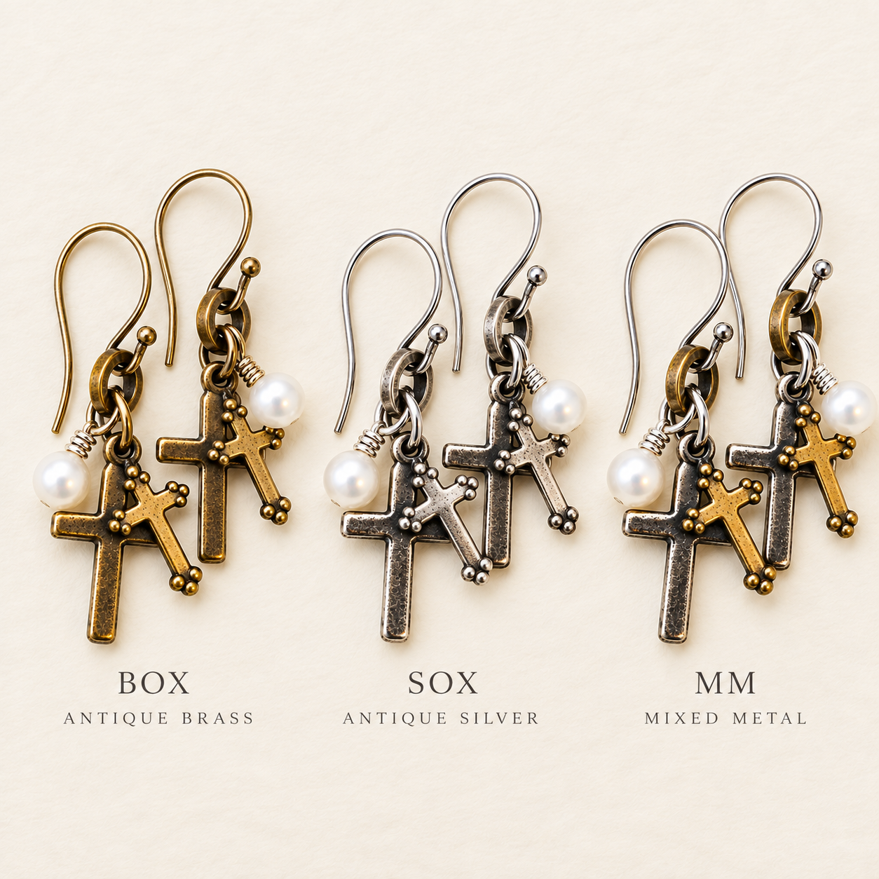 Tiny Double Cross Pearl Earrings - Image 3