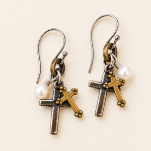 Tiny Double Cross Pearl Earrings