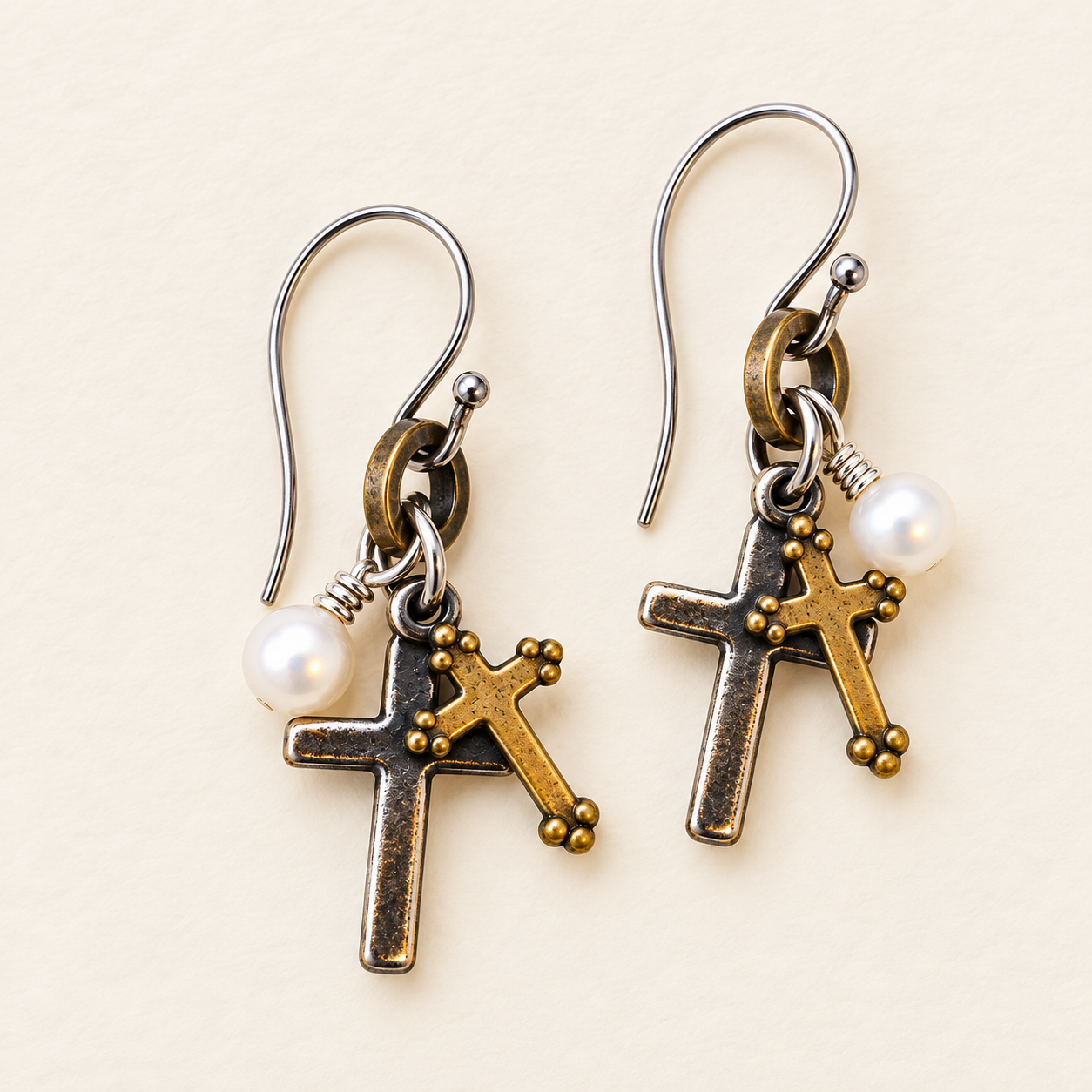 Tiny Double Cross Pearl Earrings