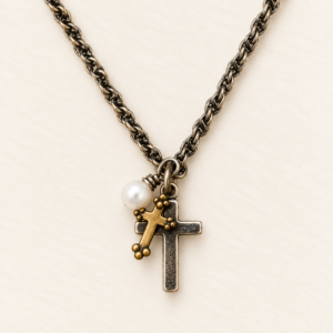 Tiny Double Cross Pearl Necklace