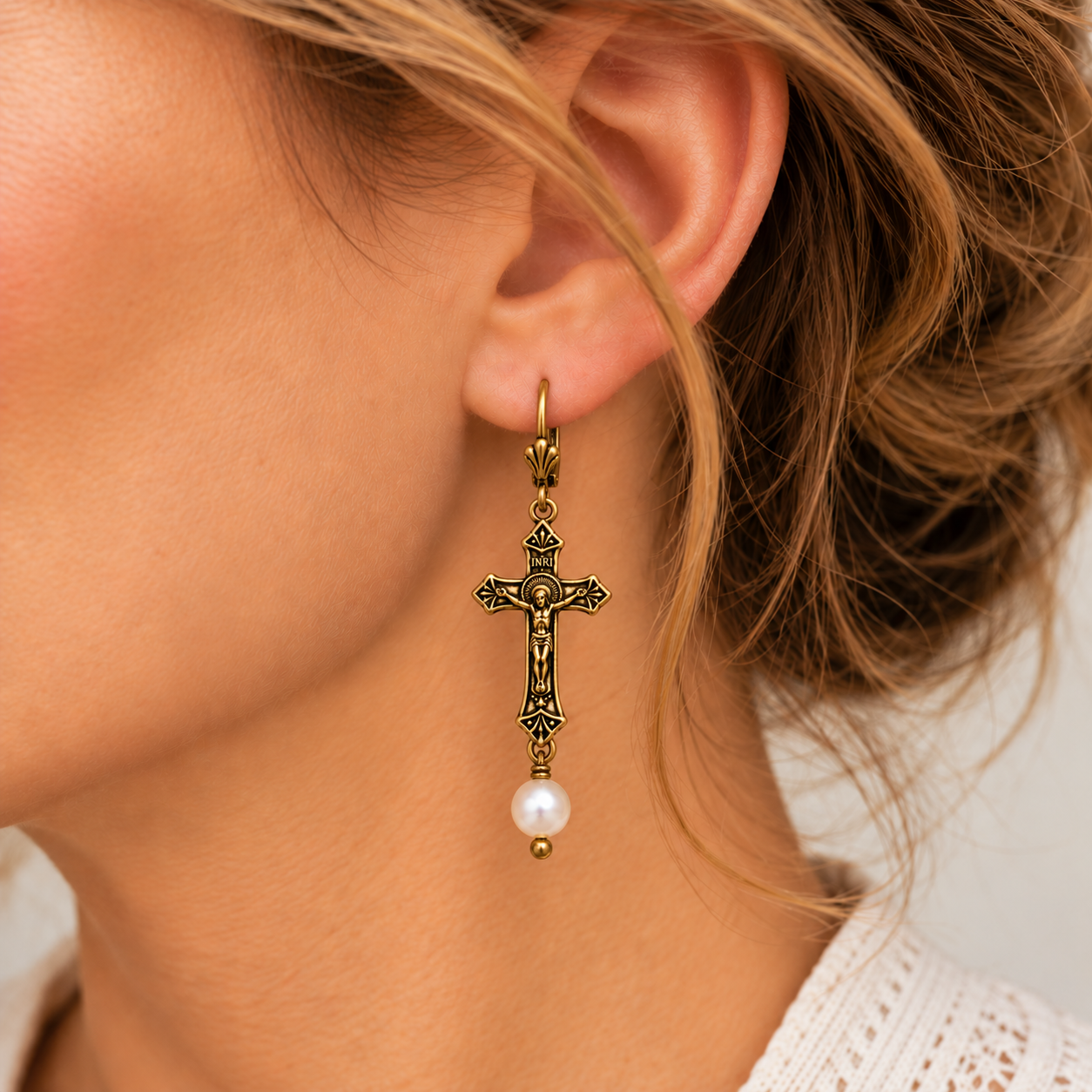 Crucifix & Pearl Earrings - Image 3