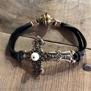 Ornate Cross & Pearl Deerskin Bracelet