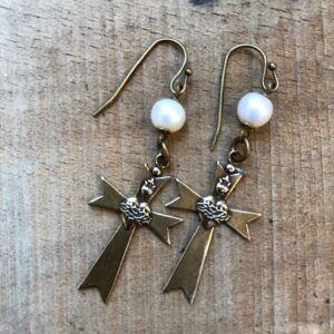 Sacred Heart Cross Pearl Earrings