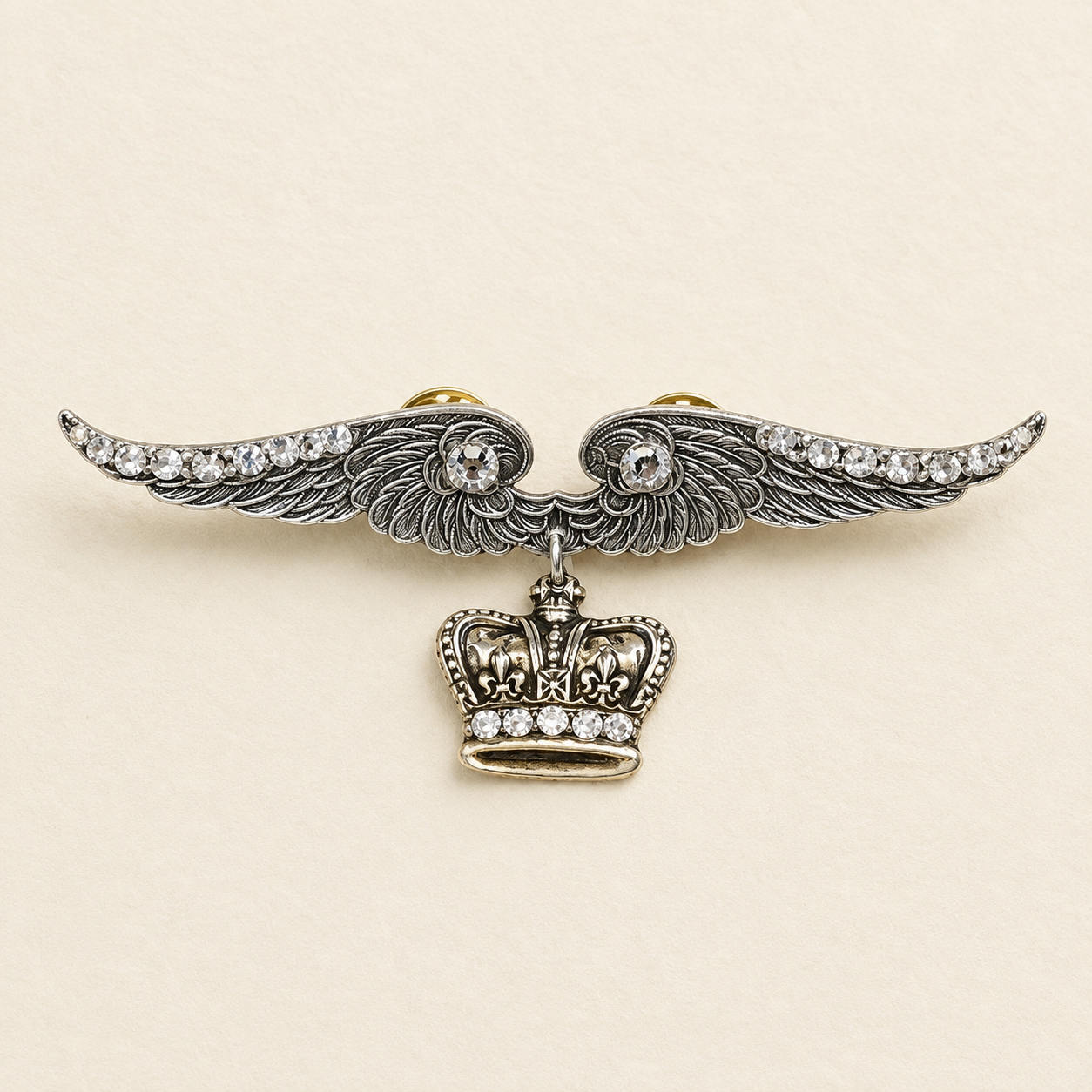 Blinged Wing Pin Brooch With Crown
