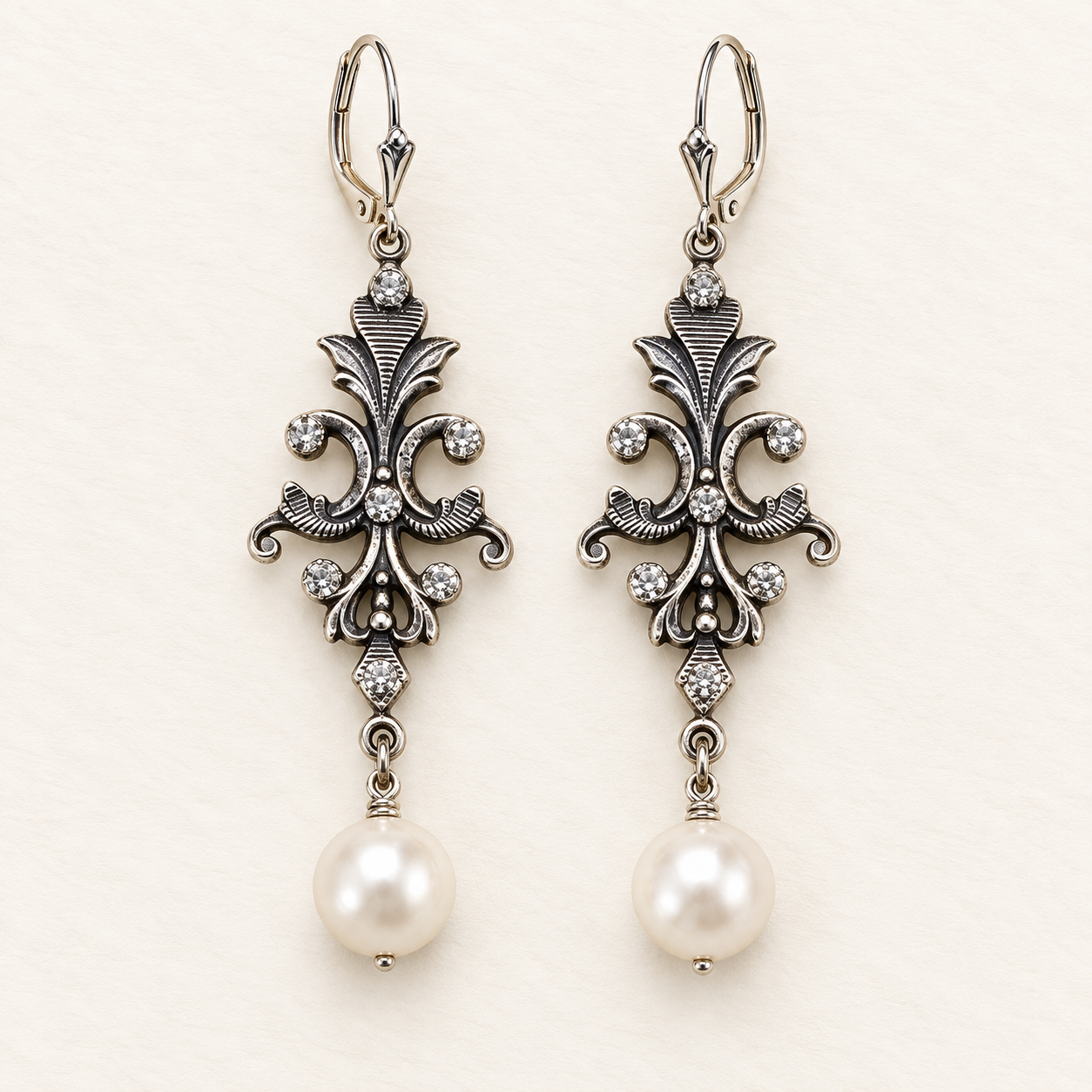 Fancy Floral Crystal & Pearl Earrings