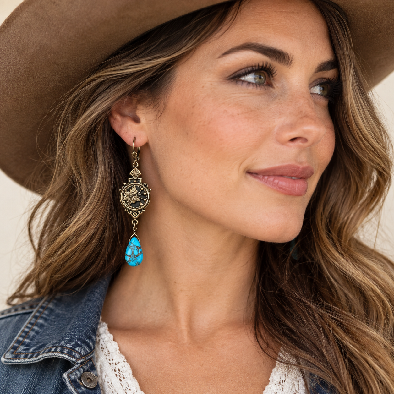 Victorian Picture Button & Turquoise Earrings - Image 2