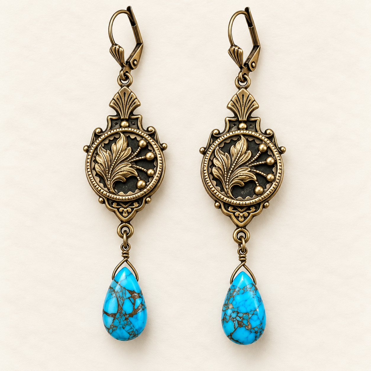 Victorian Picture Button & Turquoise Earrings