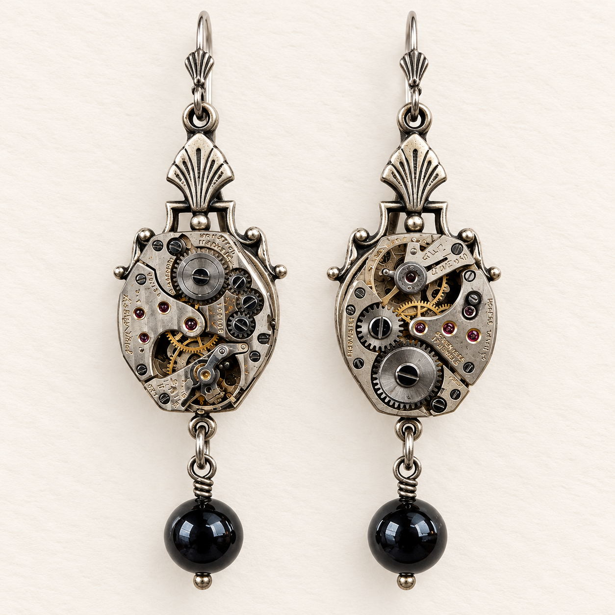 Vintage Watch Movement & Stone Earrings - Image 3