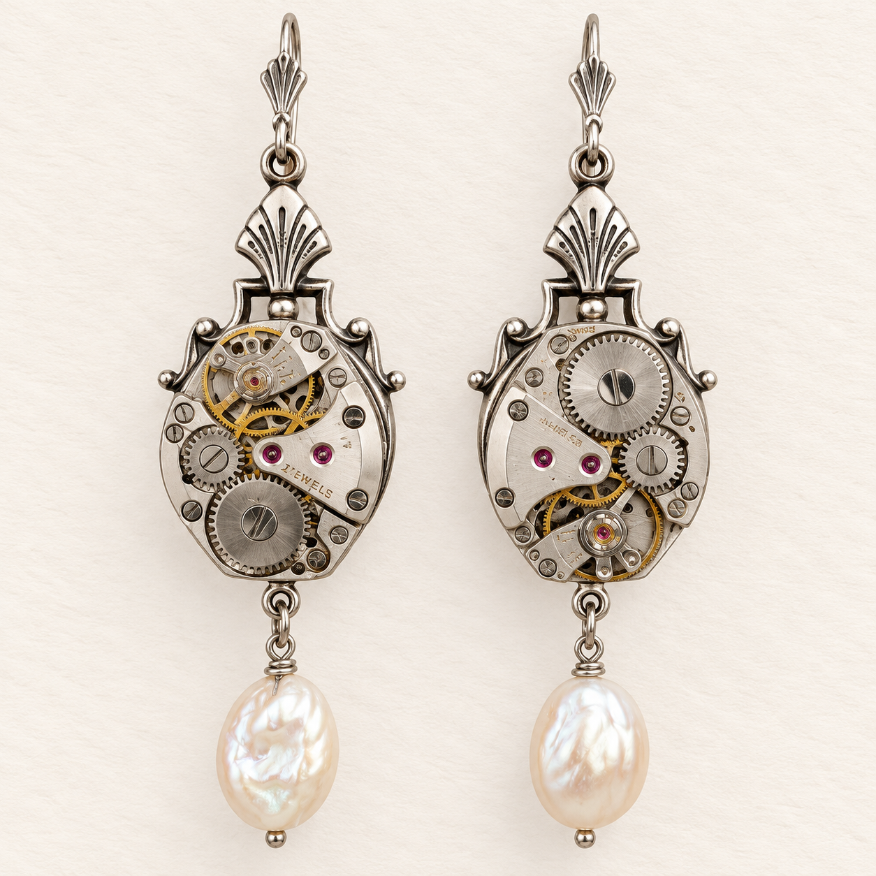 Vintage Watch Movement & Stone Earrings - Image 2
