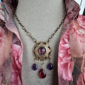 Vintage Brass Button Necklace with Amethyst, Garnet and Purple Glass