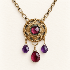 Vintage Brass Button Necklace with Amethyst, Garnet and Purple Glass