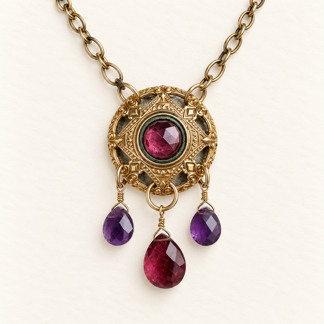 Vintage Brass Button Necklace with Amethyst, Garnet and Purple Glass