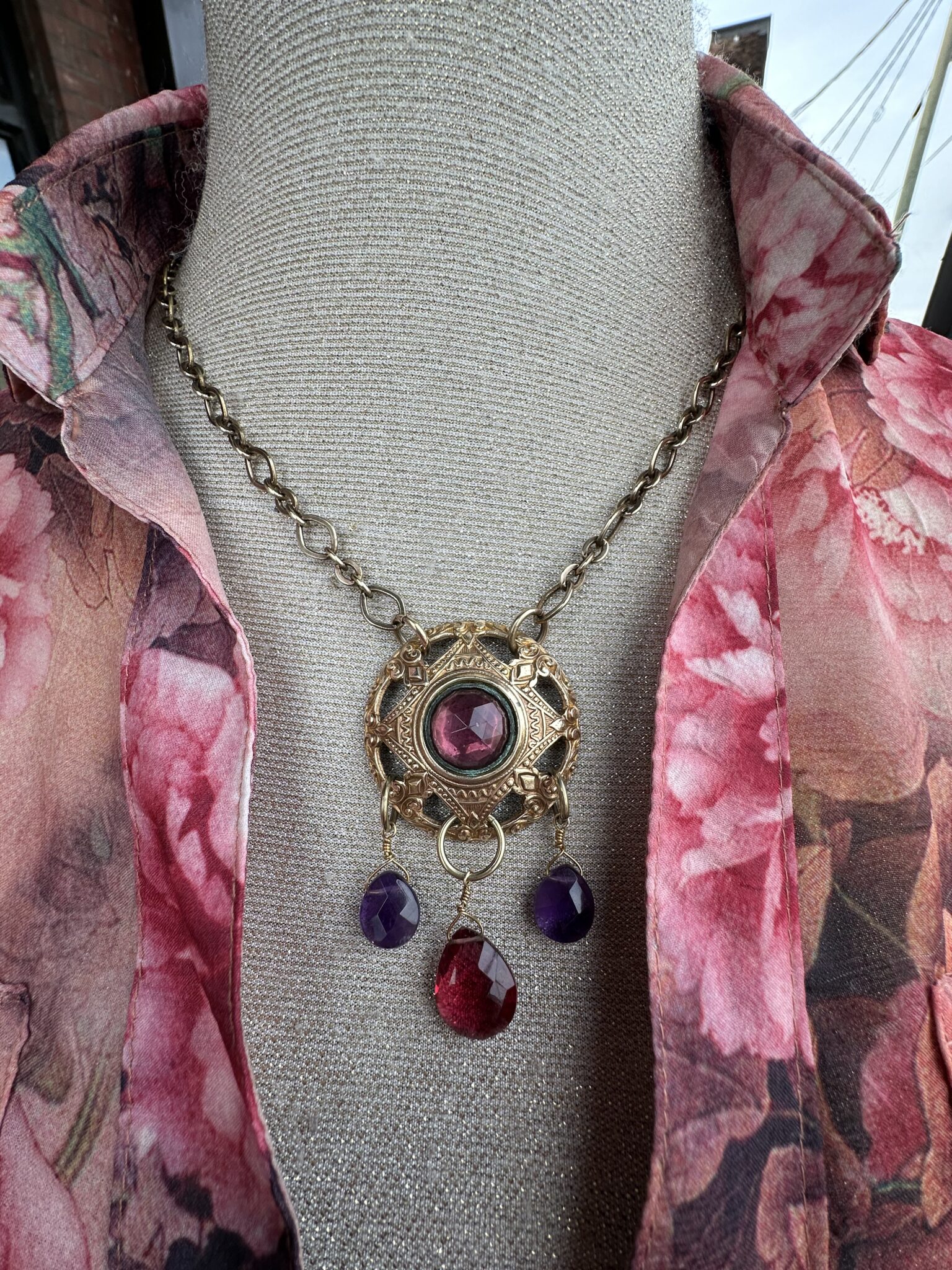 Vintage Brass Button Necklace with Amethyst, Garnet and Purple Glass - Image 2