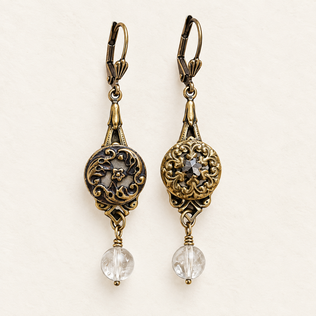 Victorian Picture Button & Clear Quartz Earrings