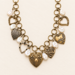 Affairs of the Heart Necklace with ornate heart charms and freshwater pearls on an adjustable antique brass open-link chain.