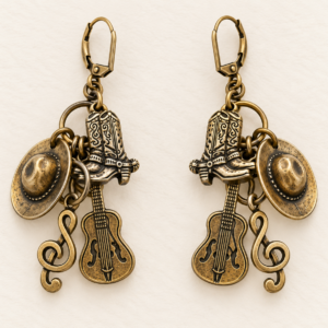 Western Charm Earrings featuring cowboy boots, hats, guitars and treble clefs in Antique Brass, handmade by Lorraine Frances Jewelry.
